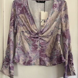 Zara Purple and Gray Bell Sleeve Ruched Blouse